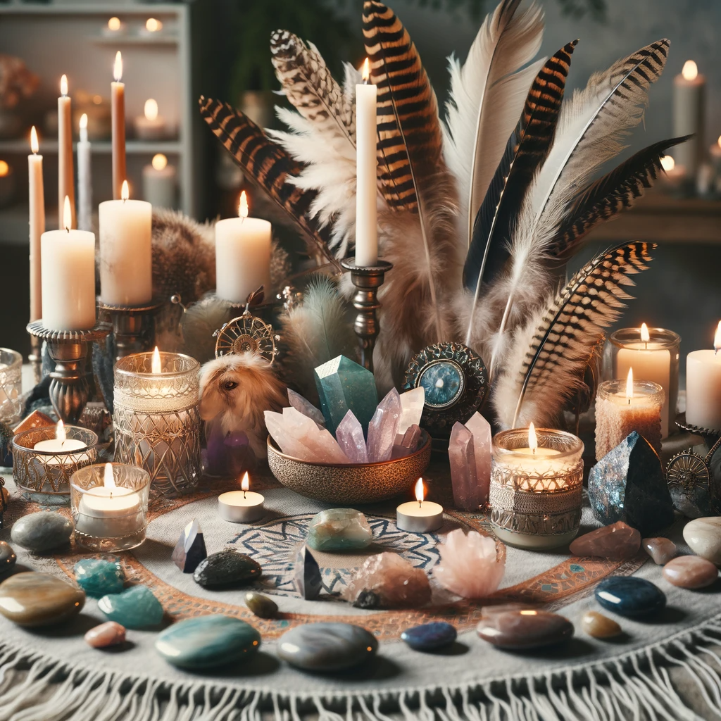 ·E 2023 11 24 05.20.06   A beautifully designed altar with candles, crystals, feathers, and stones, arranged in a harmonious and aesthetically pleasing manner. The altar is se.png