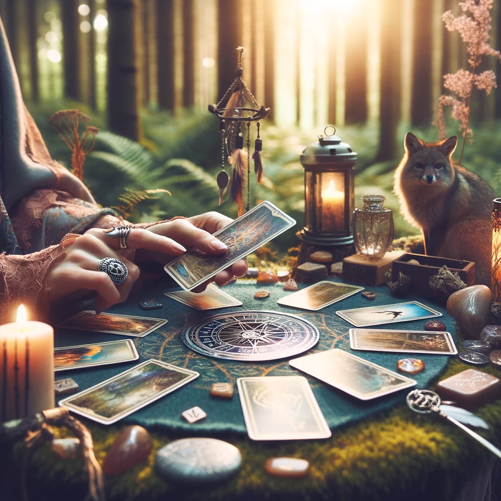 ·E 2023 11 24 05.20.15   A mystical image of a person using divination tools like tarot cards, runes, or animal totems in a forest setting. The environment is enchanting, with.png