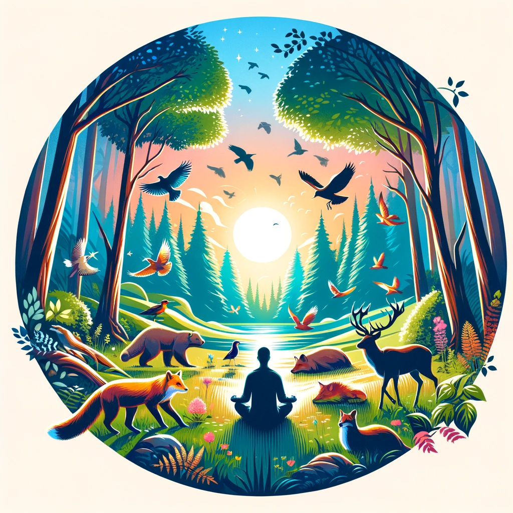 ·E 2023 11 24 05.20.19   An image depicting a person spending time in nature, observing animals in their natural habitat. The setting is a vibrant forest or a lush meadow, wit.png