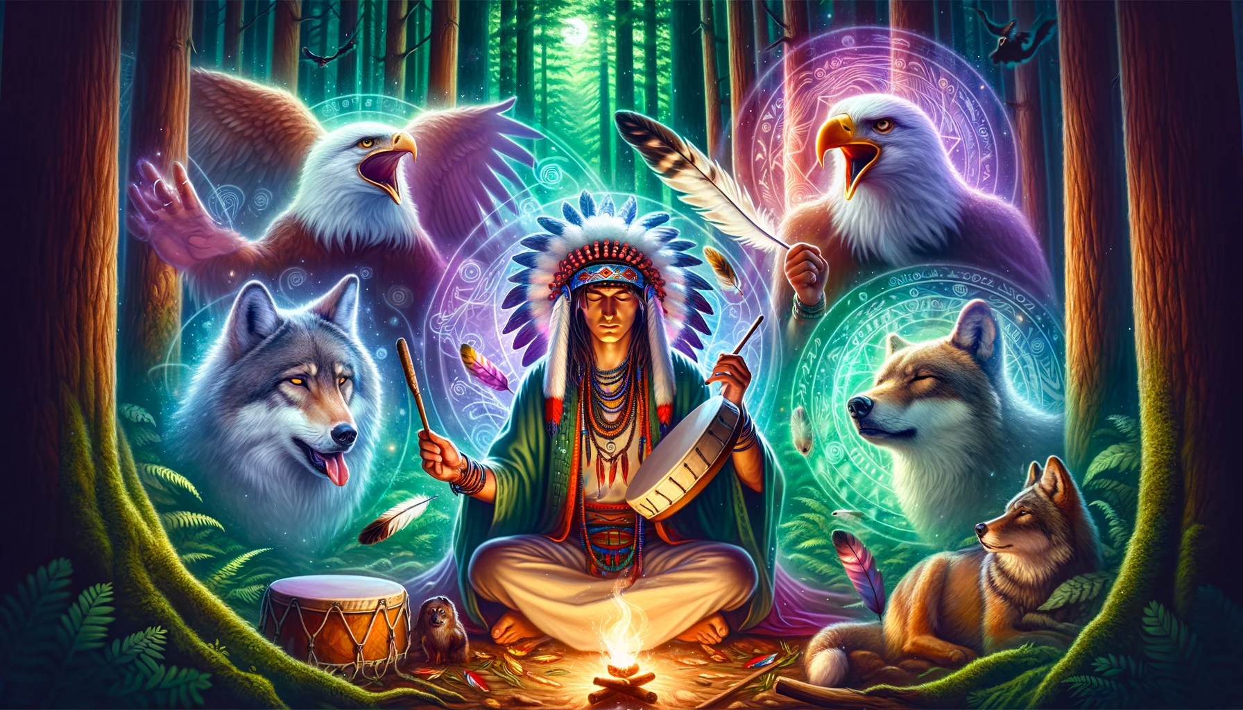 ·E 2023 11 25 14.08.09   A mystical and vibrant illustration of a shaman in traditional attire performing a ritual in a forest, surrounded by various animal spirits such as an.png