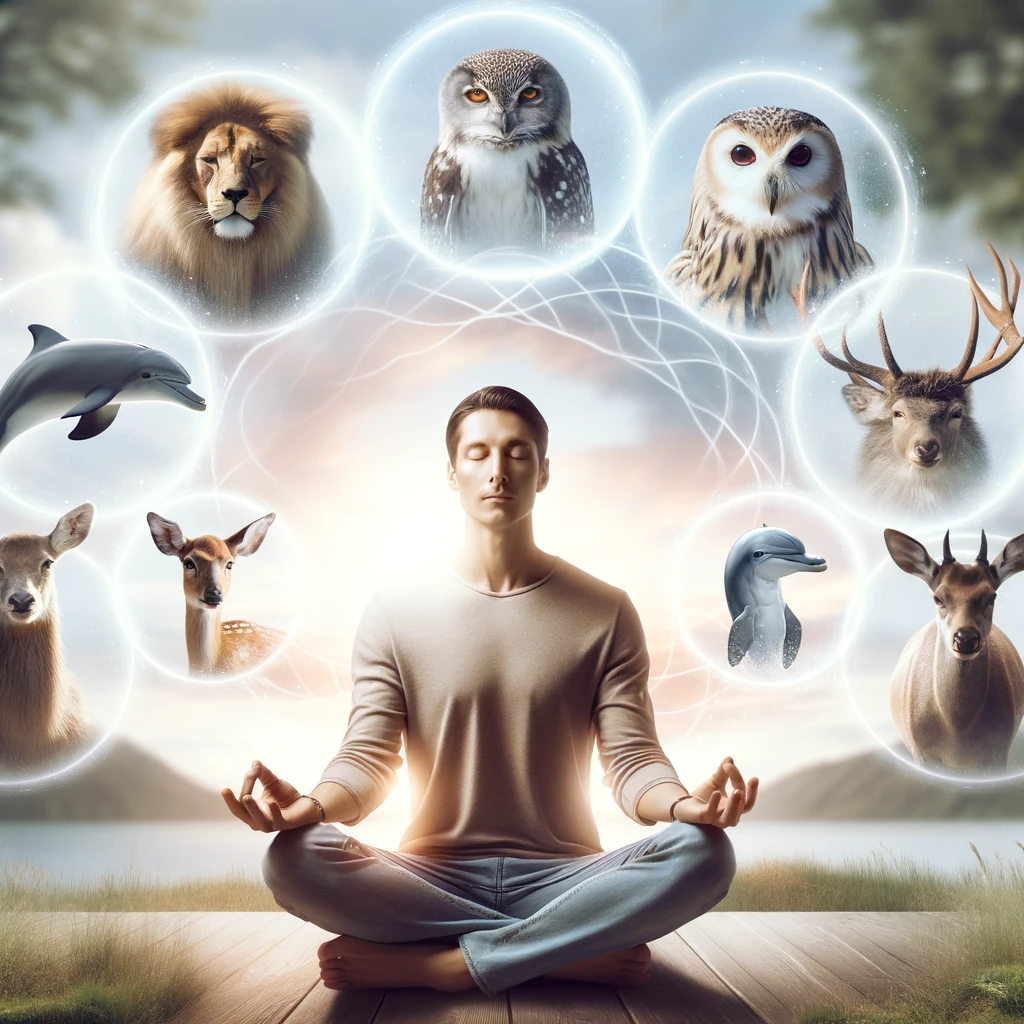 ·E 2023 11 25 14.08.11   A serene image of a person sitting in a meditative pose with a gentle smile, surrounded by a circle of various animal figures like a lion, owl, dolphi.png