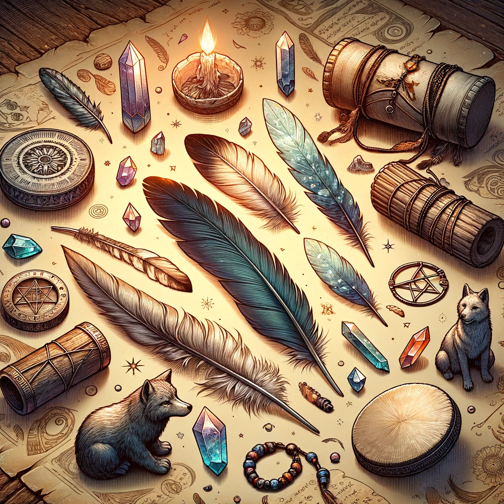 ·E 2023 11 25 14.08.12   An illustration showing a collection of different talismans and symbolic items commonly used in animal spirit rituals. The image includes feathers, cr.png