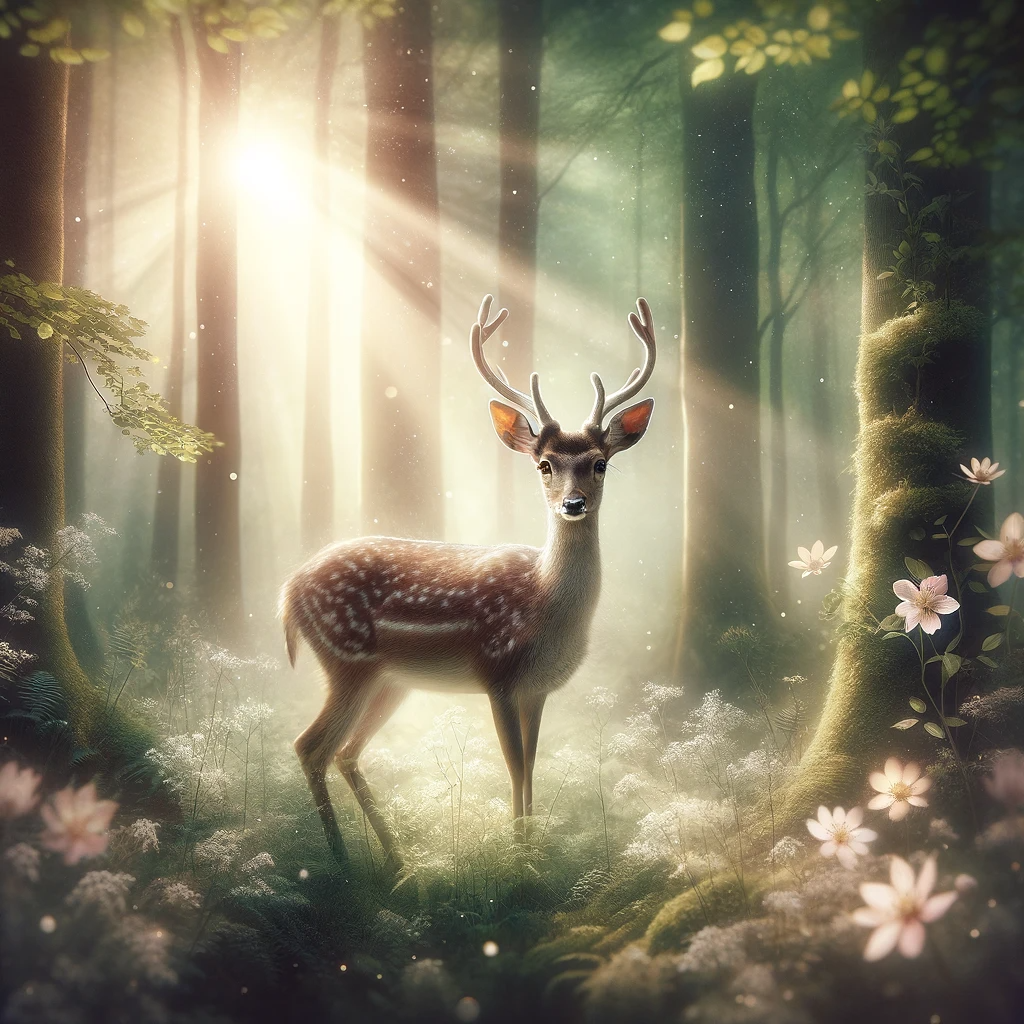 ·E 2023 11 25 14.13.15   A serene image of a gentle deer in a mystical forest, surrounded by a soft, ethereal light and delicate flowers. The deer, a symbol of gentleness and .png