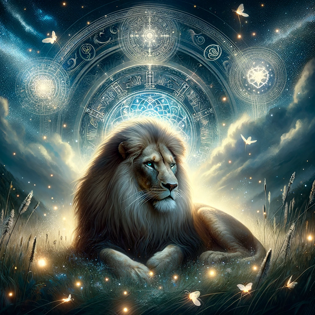 ·E 2023 11 25 14.13.18   A dreamy vision of a powerful lion resting under a starry night sky, surrounded by ancient, mystical symbols and soft, glowing fireflies. The lion, re.png