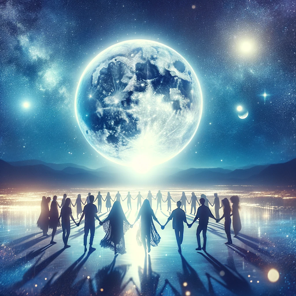 ·E 2023 11 25 14.17.53   A dreamy image of a night sky filled with stars and a luminous full moon, under which a group of people are gathered in a circle, holding hands. This .png