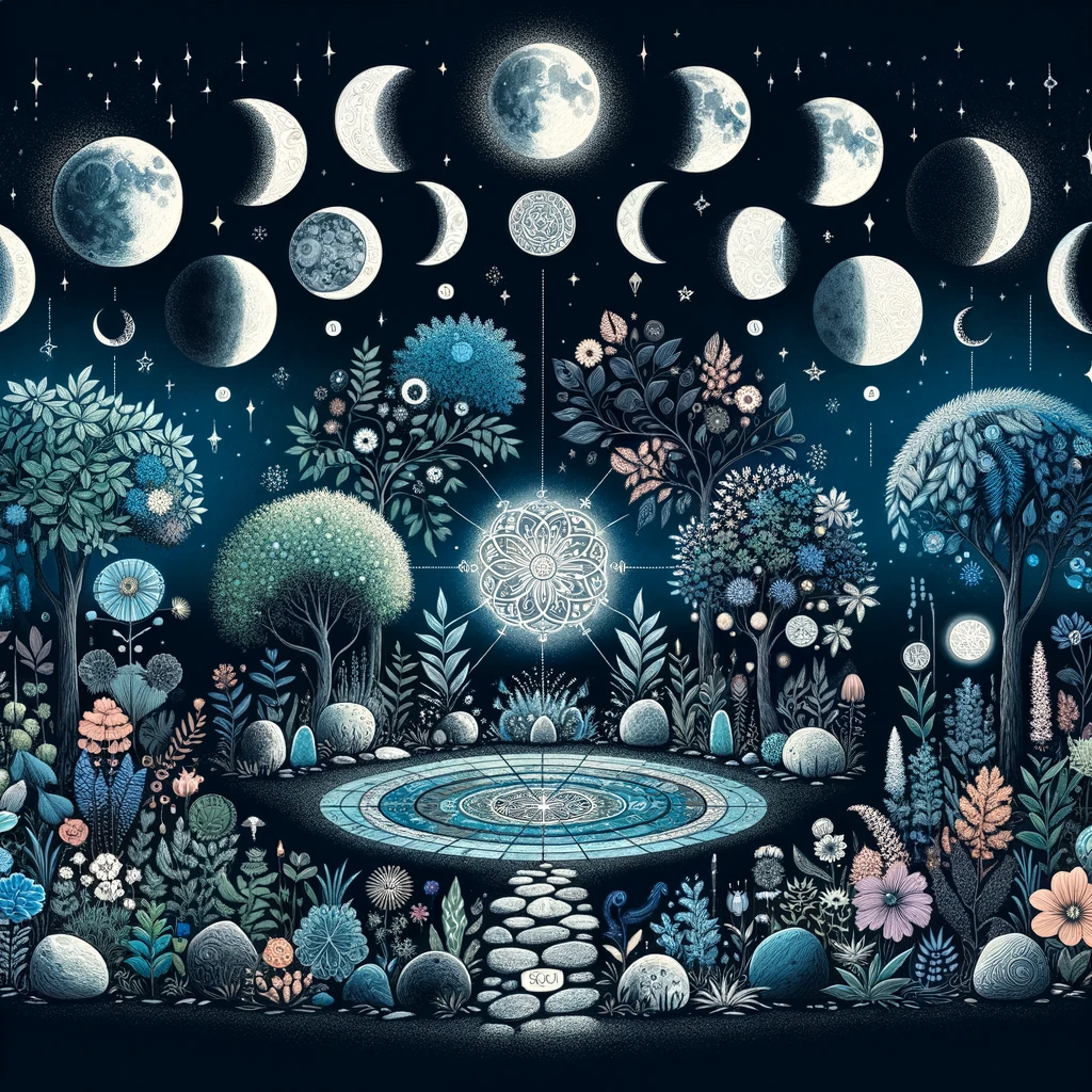 ·E 2023 11 25 14.17.55   An imaginative illustration of a magical moon garden at night, with various lunar phases represented by different sections of the garden. Each phase i.png