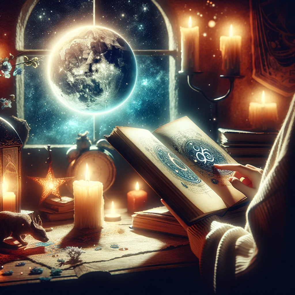 ·E 2023 11 25 14.17.56   A mystical depiction of a person reading a book about Moon signs, illuminated by candlelight, with the Moon visible through a nearby window. The scene.png