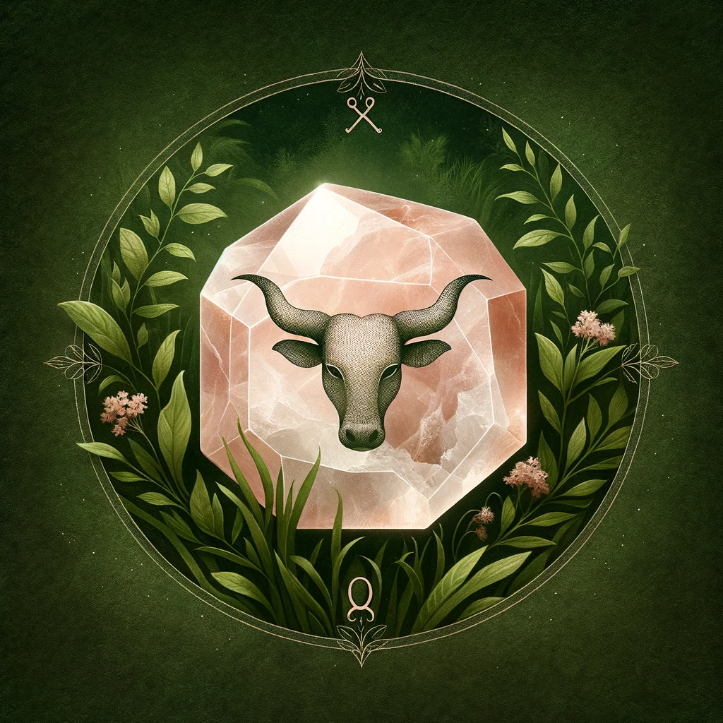 ·E 2023 11 25 14.23.29   Image of a gentle Rose Quartz crystal, symbolizing the Taurus zodiac sign. The crystal should be in the center, surrounded by a lush, green, earthy ba.png