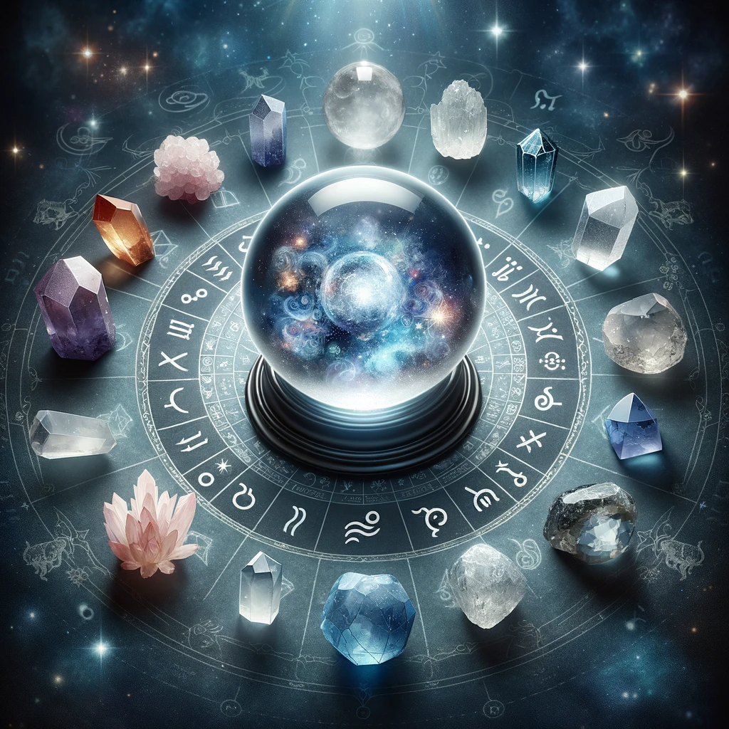 ·E 2023 11 25 14.23.38   A mystical image showcasing a crystal ball surrounded by an array of different crystals. The crystal ball should be in the center, glowing with a soft.png
