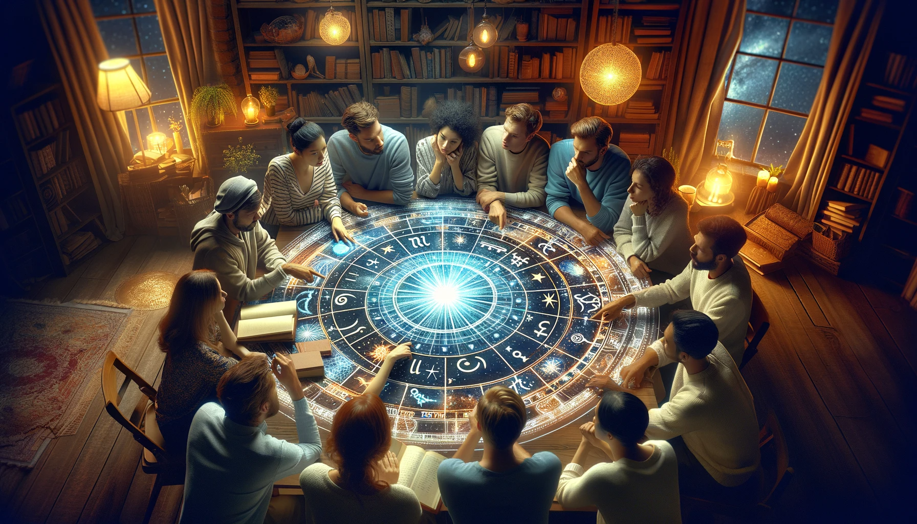 ·E 2023 11 25 15.09.28   A featured image for a blog article about using astrology in daily life. The image should depict a diverse group of people gathered around a large, in.png