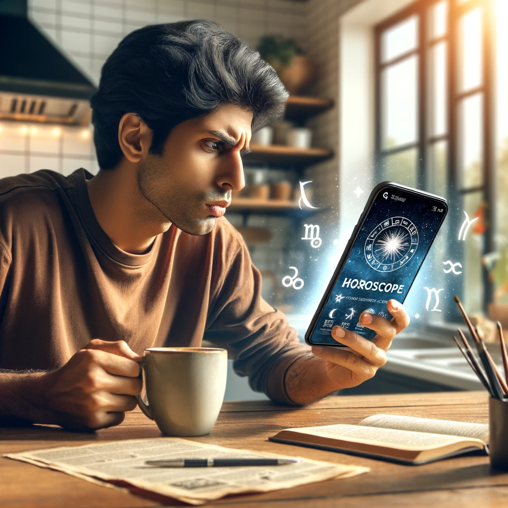 ·E 2023 11 25 15.09.32   An image illustrating the concept of a daily horoscope reading. It shows a person of South Asian descent, sitting at a table with a cup of coffee and .png