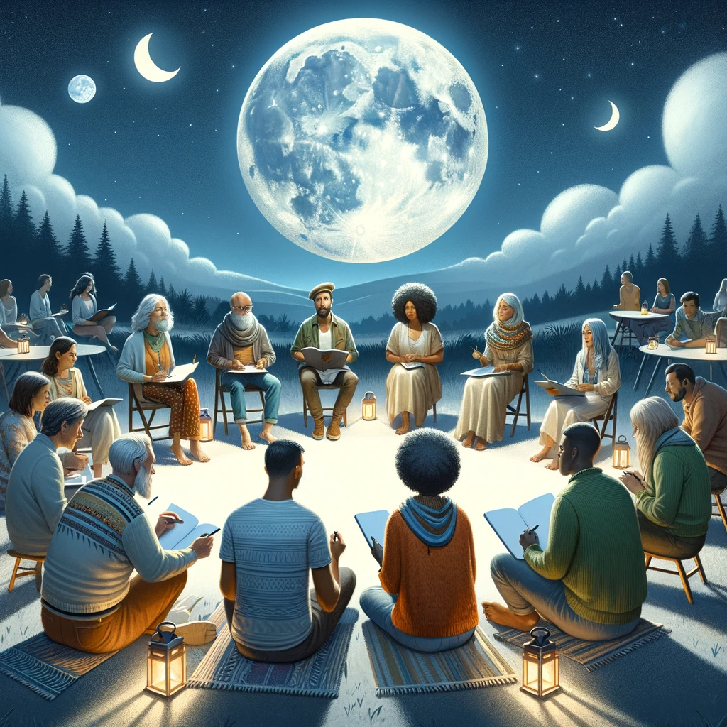 ·E 2023 11 25 15.09.38   A whimsical image showcasing a group of people participating in a moon phase observation for setting intentions. The group includes a diverse mix of i.png