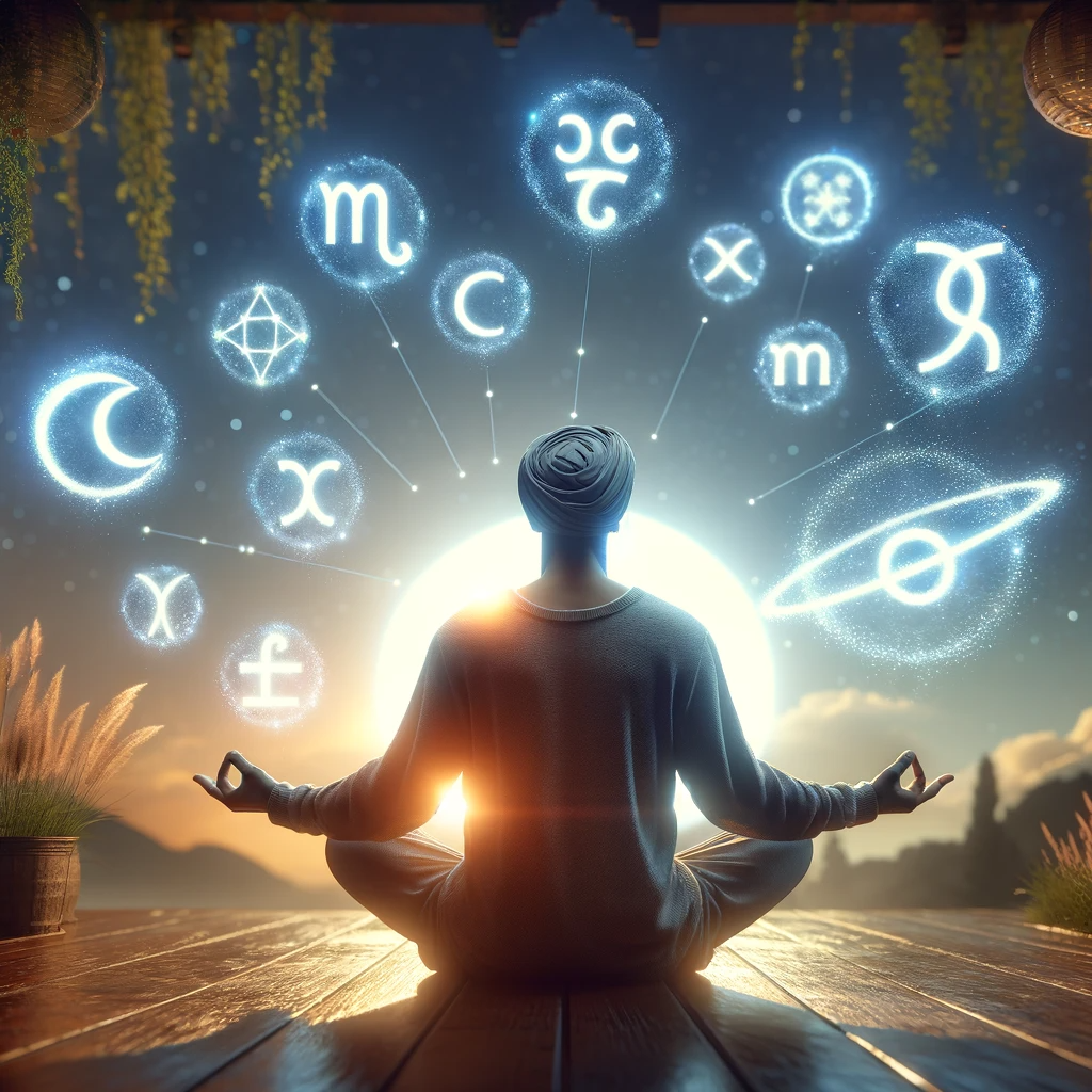 ·E 2023 11 25 15.09.39   A creative image depicting a person practicing astrological meditation. The individual, of Middle Eastern descent, is sitting cross legged in a tranqu.png