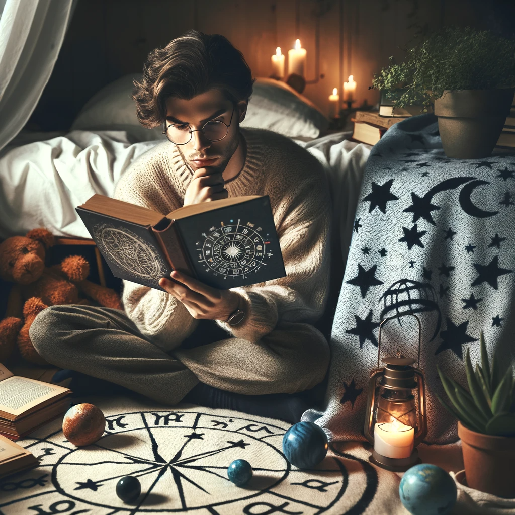 ·E 2023 11 25 15.19.19   A creative and insightful image of a person deeply immersed in reading an astrology book, surrounded by symbols of the zodiac and planetary movements.png