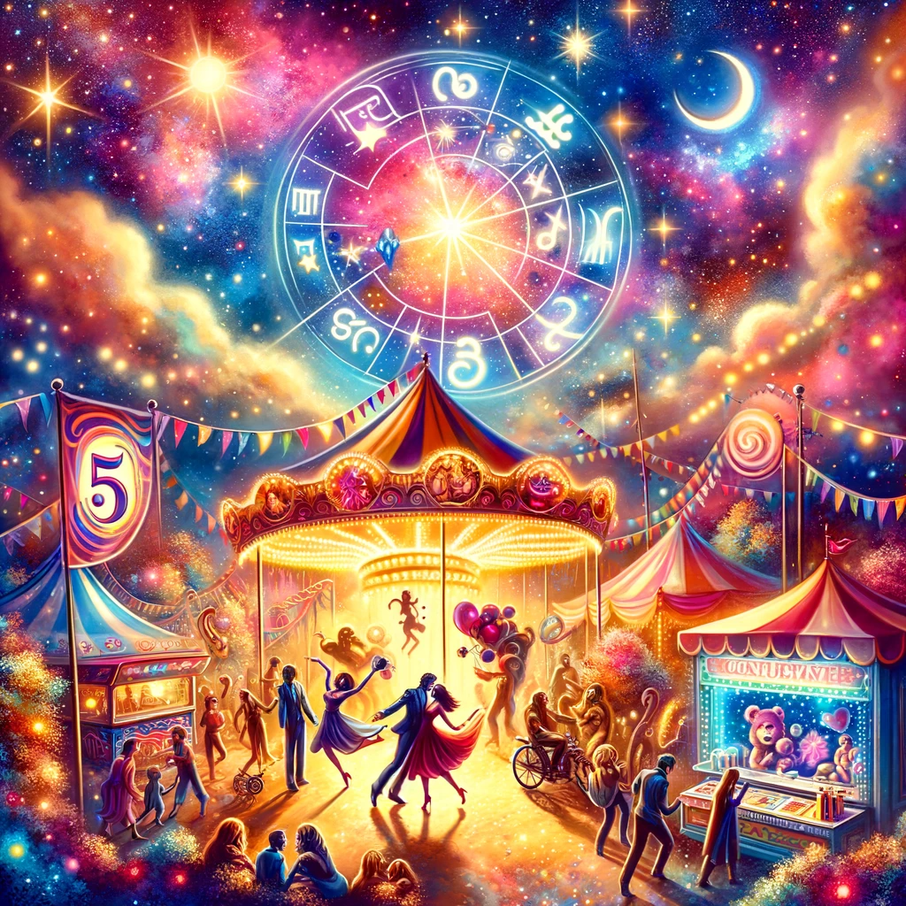 ·E 2023 11 25 15.23.26   A vibrant and joyful image depicting the 5th House in astrology, the House of Creativity and Romance. The illustration should showcase a carnival scen.png