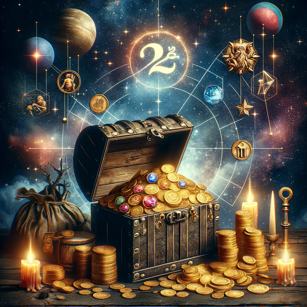 ·E 2023 11 25 15.23.31   A creative depiction of the 2nd House in astrology, the House of Wealth. The image should feature a treasure chest overflowing with gold coins, gems, .png