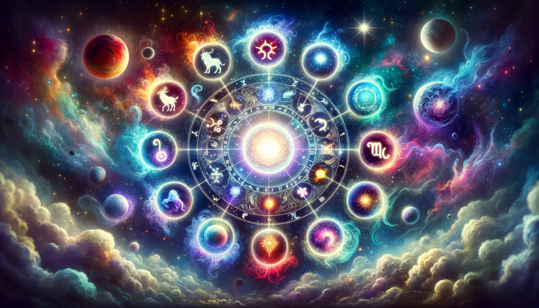·E 2023 11 25 15.23.33   A vibrant and mystical featured blog image for an astrology website, depicting a cosmic landscape with all 12 zodiac signs arranged in a circle around.png