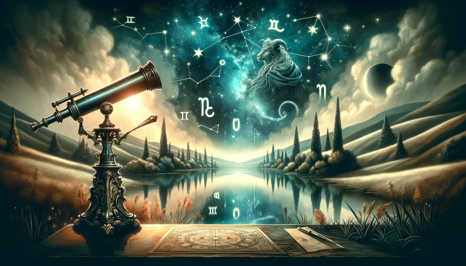 ·E 2023 11 28 13.26.16   A featured blog image for an astrology article, depicting a picturesque scene with a night sky full of stars, zodiac constellations subtly visible, an.png