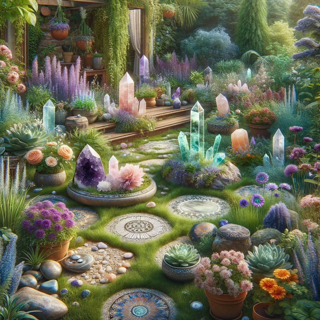 ·E 2023 11 28 13.36.53   An image of a peaceful outdoor crystal garden, featuring healing crystals like Amethyst, Rose Quartz, and Lapis Lazuli among various plants and flower.png