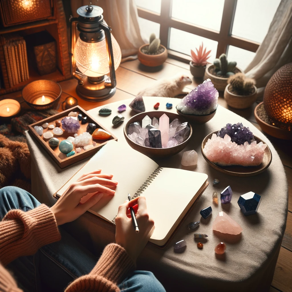 ·E 2023 11 28 13.38.19   An image of a person journaling while surrounded by various healing crystals like Amethyst, Rose Quartz, and Lapis Lazuli. The setting should be cozy .png