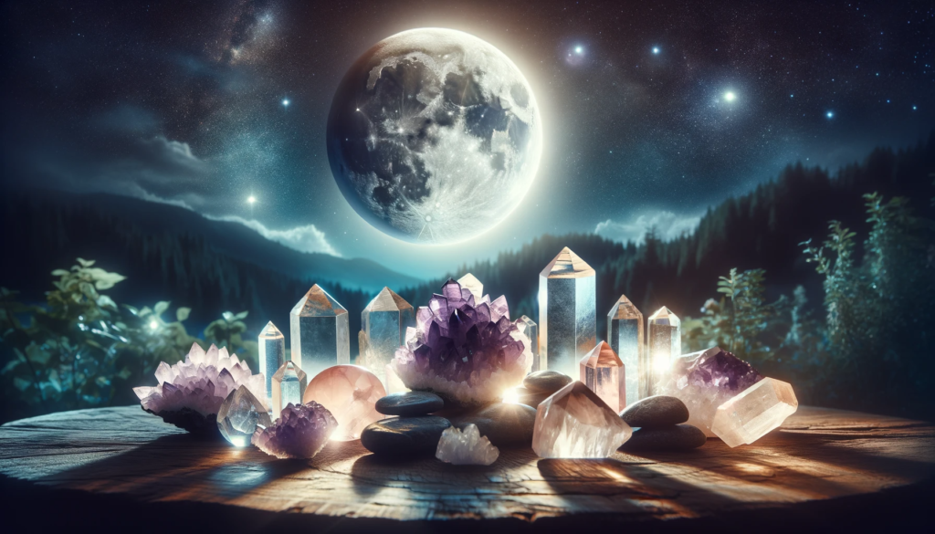 ·E 2023 11 28 13.47.42   An image showcasing the moonlight cleansing method for crystals. The scene is set outdoors under a clear night sky with a full moon brightly shining. .png