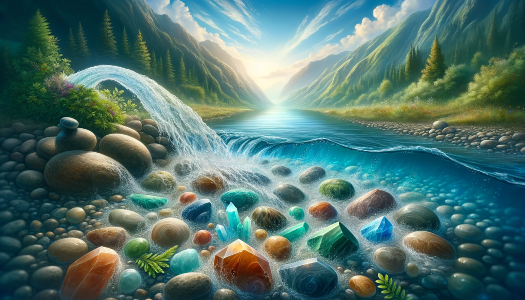 ·E 2023 11 28 13.47.45   A visually appealing image illustrating the process of cleansing crystals with water. The scene depicts a tranquil setting, possibly near a natural bo.png