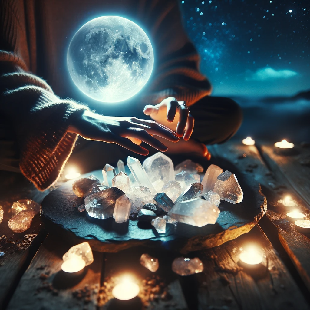 ·E 2023 11 28 13.47.55   An image showing a person performing a moonlight cleansing ritual with crystals. The crystals are laid out on a natural surface, basking in the glow o.png