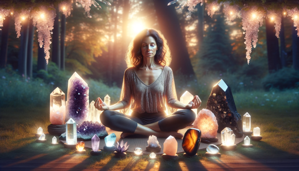 ·E 2023 11 30 05.29.58   A serene and elegant image of a person meditating, surrounded by glowing crystals. The crystals include Amethyst, Citrine, Rose Quartz, Fluorite, Tige.png