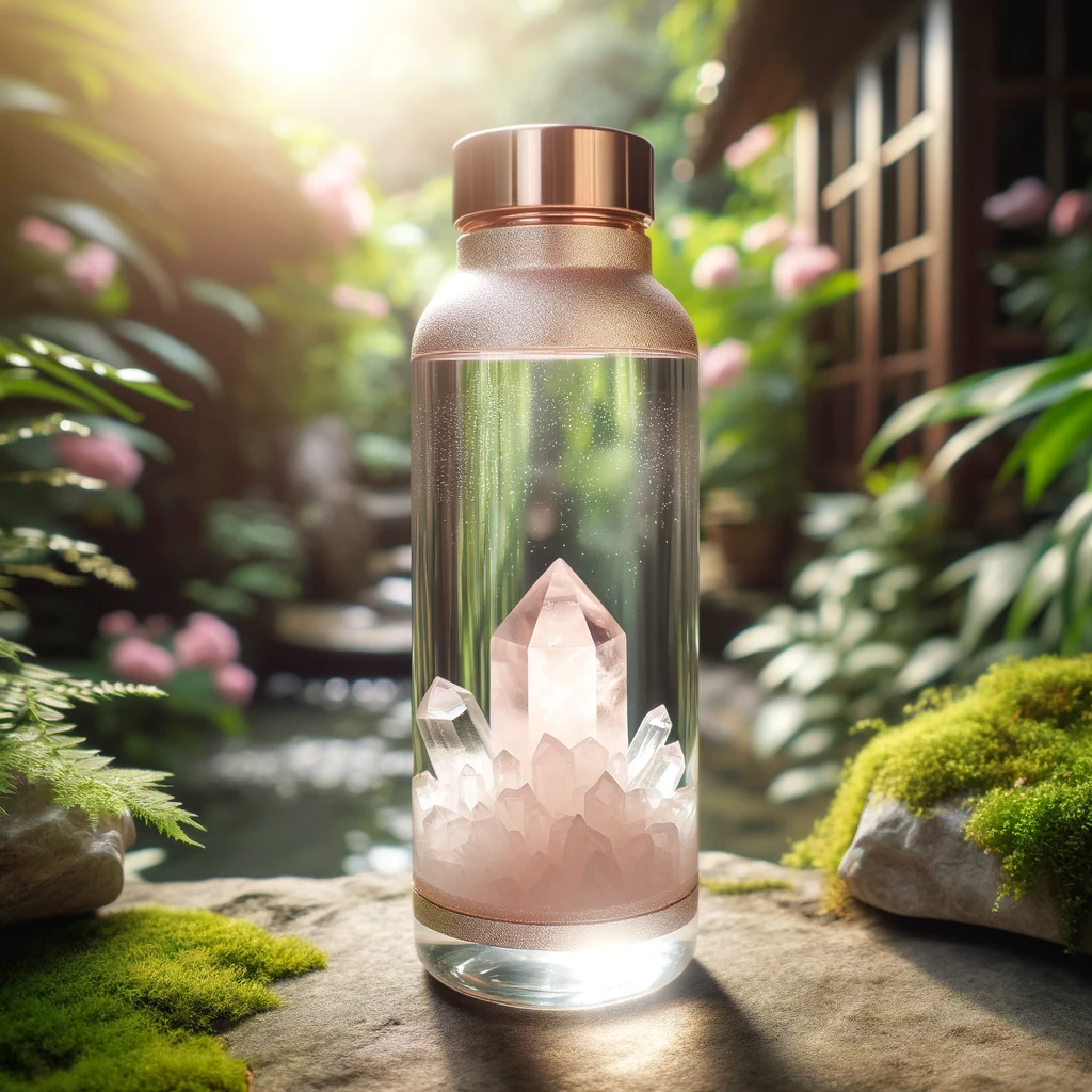·E 2023 12 03 11.44.44   Image of a crystal water bottle, elegantly designed with a rose quartz crystal infused in the center. The bottle is set against a backdrop of a lush g.png