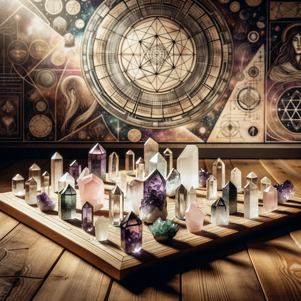 ·E 2023 12 03 11.44.46   A creative depiction of a crystal grid, set up on a wooden floor. The grid features various crystals like quartz, amethyst, and selenite, arranged in .png