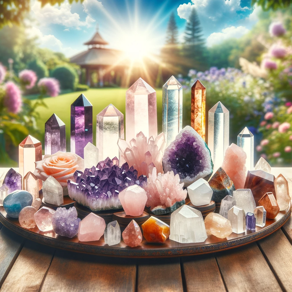 ·E 2023 12 03 11.44.50   An image showcasing a variety of crystals arranged in a beautiful, organized pattern on a wooden table. The crystals include amethyst, rose quartz, ci.png