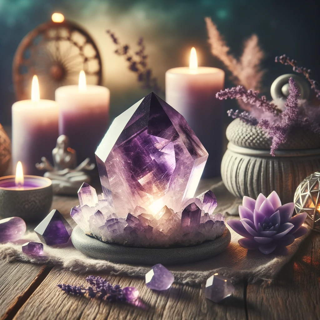 ·E 2023 12 04 11.34.43   A visual representation of Amethyst, highlighting its spiritual protection and emotional healing abilities, perhaps shown in a meditative setting. The.png