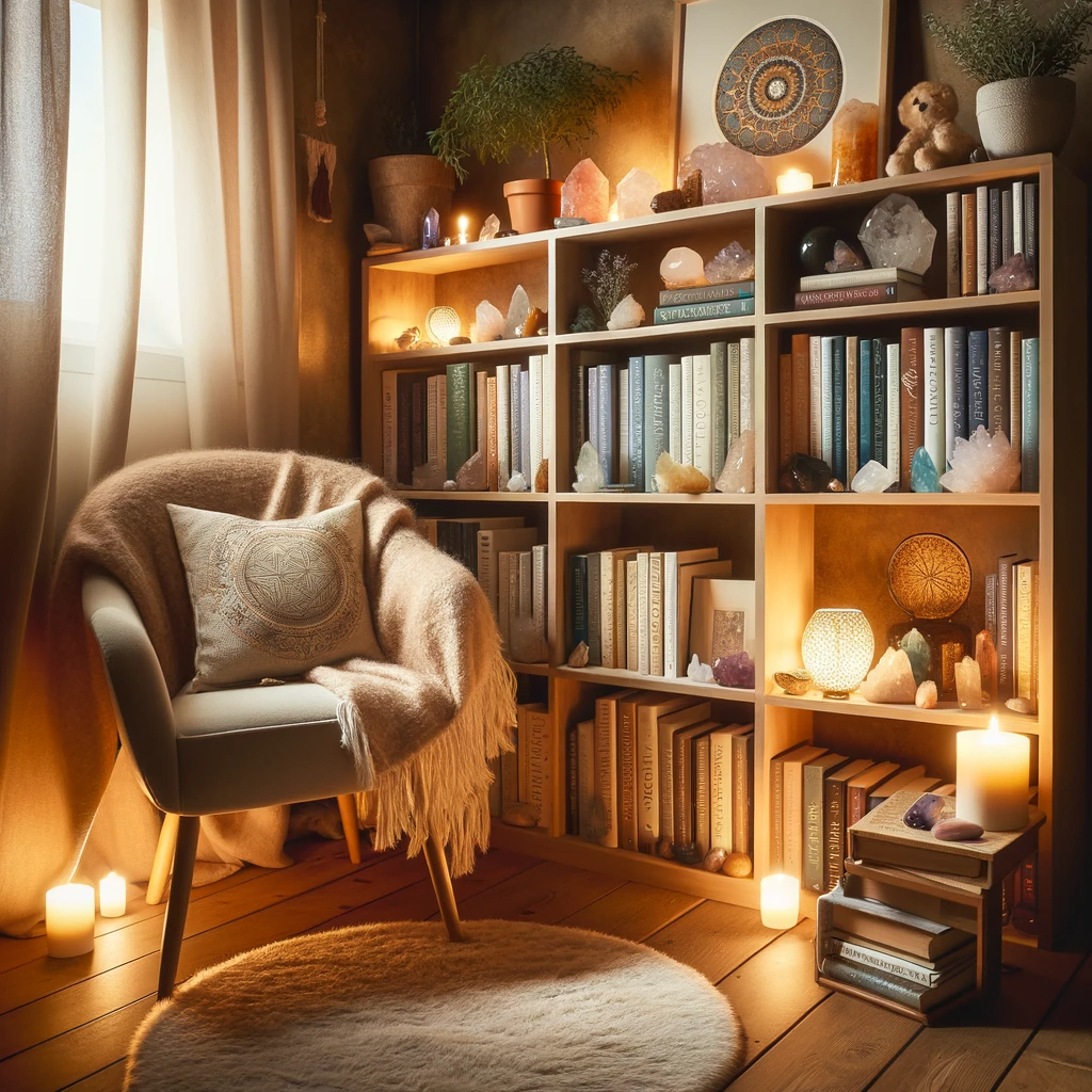 ·E 2023 12 05 13.50.50   A cozy reading nook with a small bookshelf filled with books on crystal healing and spirituality. The nook features a comfortable chair, a soft throw .png