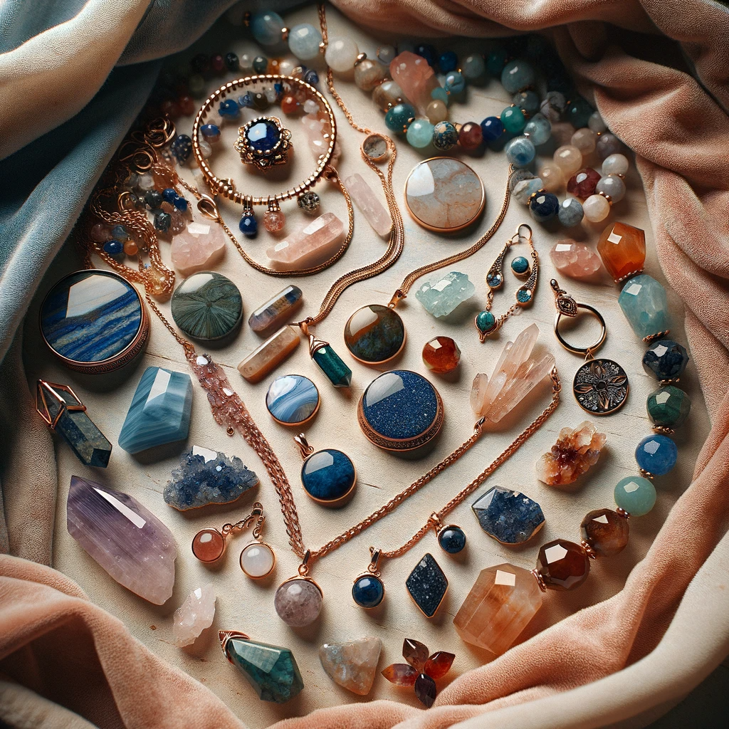 ·E 2023 12 05 14.38.45   A calming image showing a collection of crystal jewelry, including necklaces, bracelets, and earrings, laid out on a soft, velvet cloth. Each piece of.png