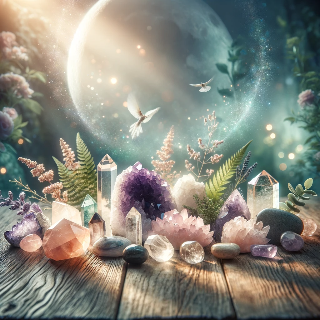 ·E 2023 12 05 14.38.56   A serene and mystical blog featured image depicting a variety of healing crystals, such as amethyst, rose quartz, and moonstone, arranged harmoniously.png