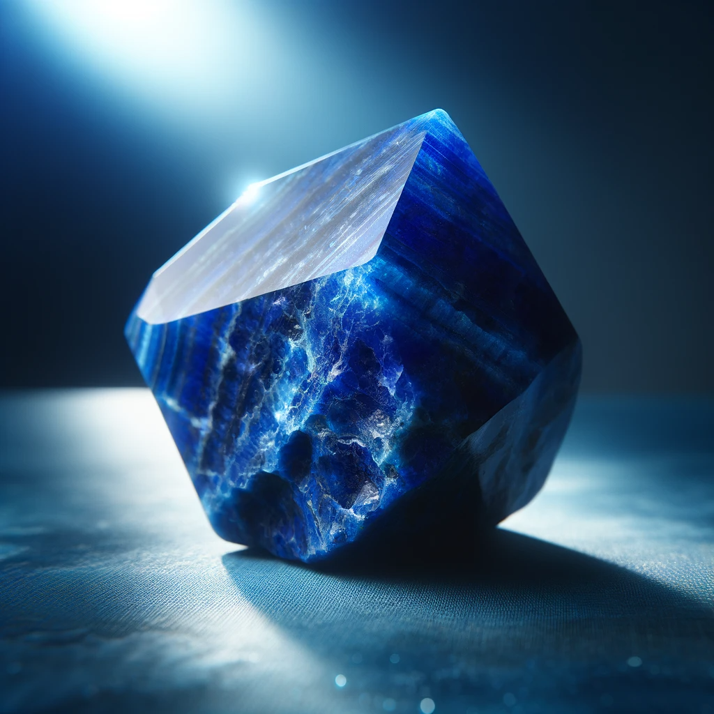 ·E 2023 12 05 14.53.26   A captivating image of a Lapis Lazuli crystal, radiating a deep and intense blue color. The crystal is placed on a surface that enhances its rich blue.png