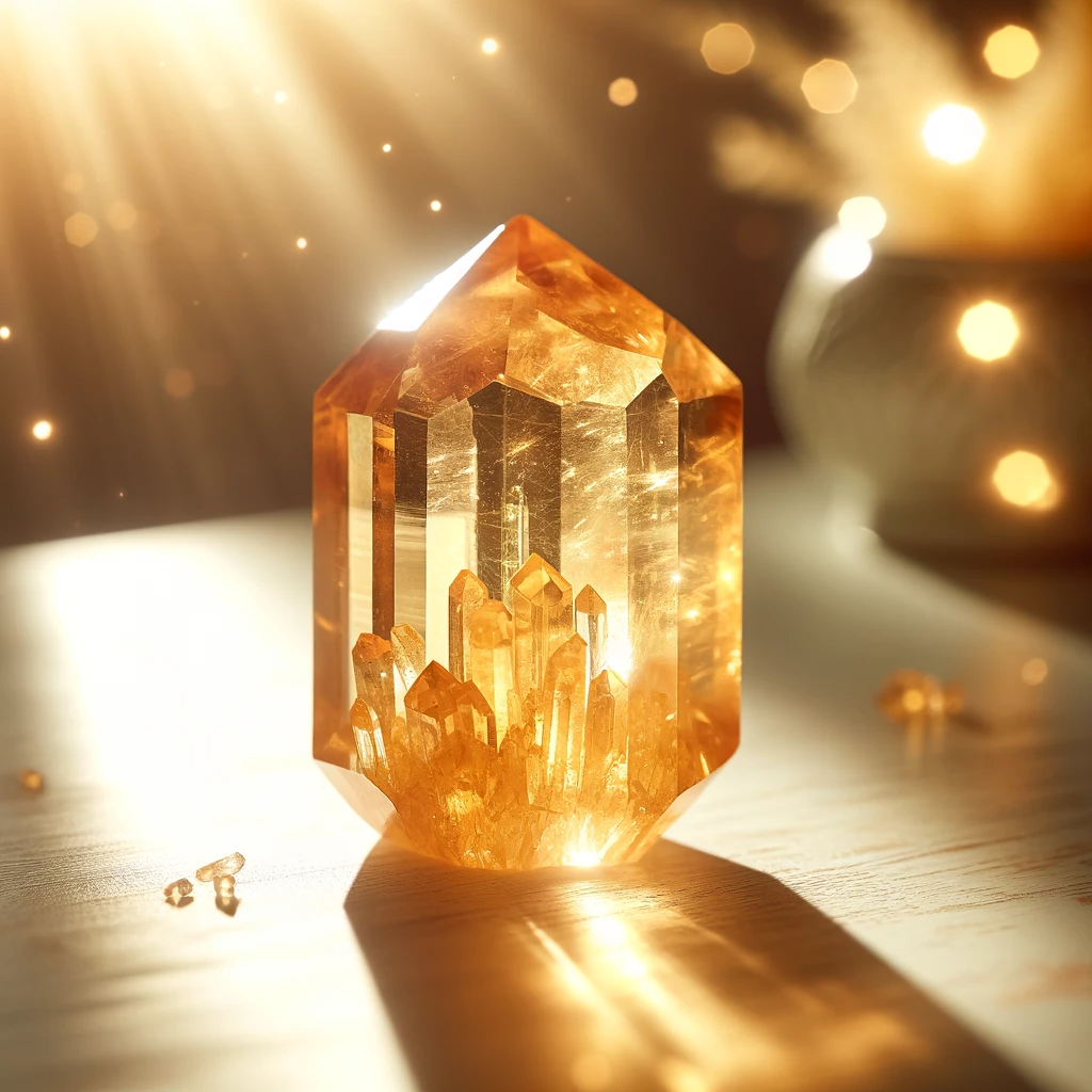 ·E 2023 12 05 14.53.28   Close up image of a Citrine crystal, glowing with a warm yellow light. The crystal is placed on a bright surface, with soft natural lighting highlight.png