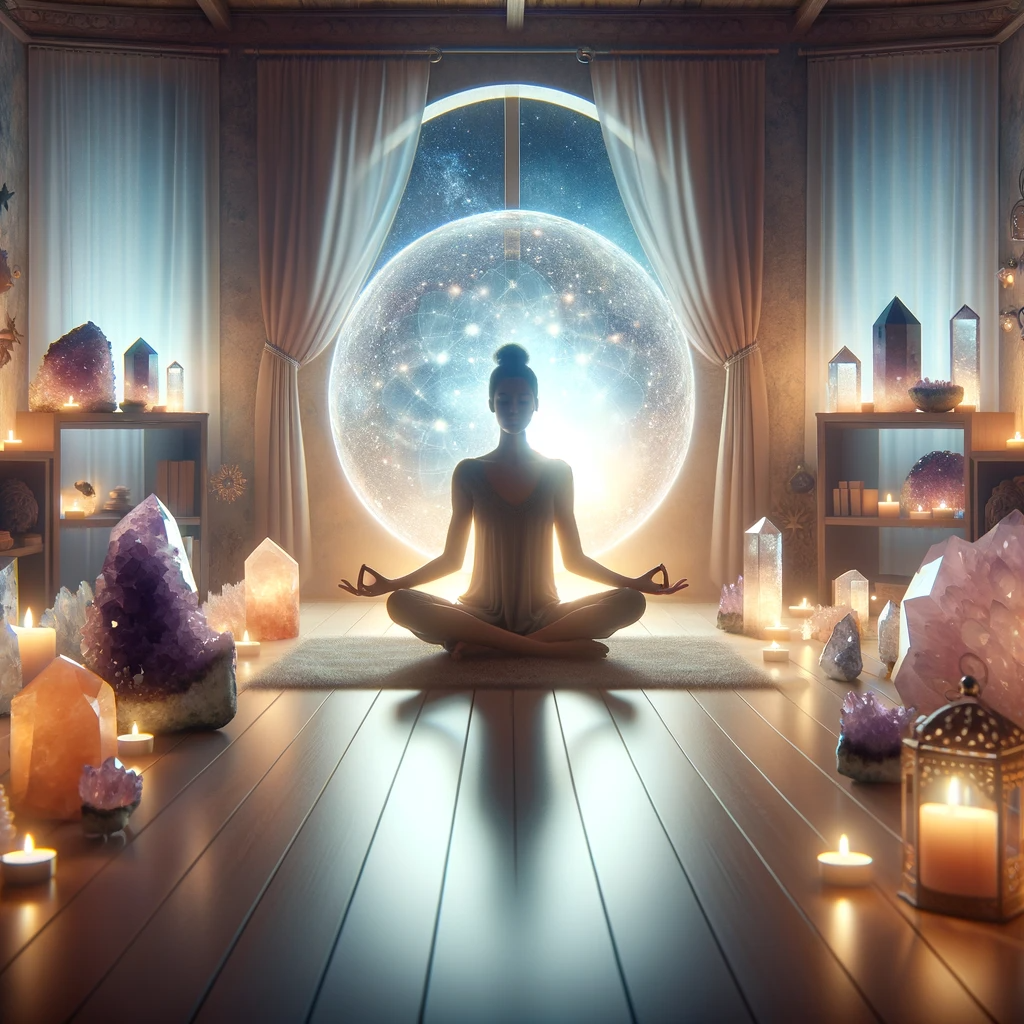 ·E 2023 12 05 15.01.03   A serene image depicting a person meditating in a room filled with various crystals, including amethyst and citrine. The room is softly lit with candl.png