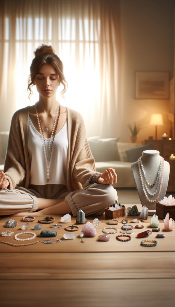 ·E 2023 12 05 15.06.47   A tranquil image showcasing a person practicing meditation in a serene environment, surrounded by various types of crystal jewelry like necklaces and .png