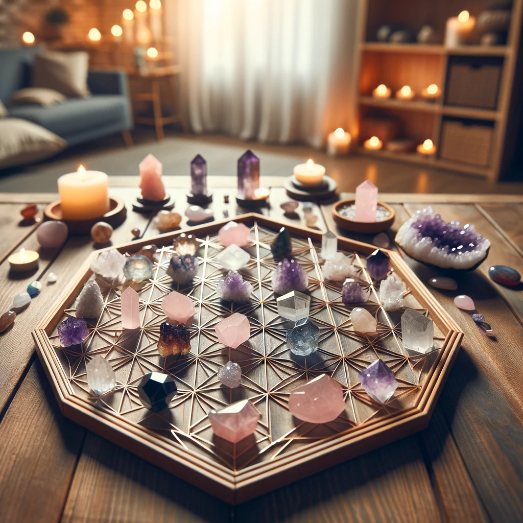 ·E 2023 12 05 15.06.48   A beautifully arranged crystal grid on a wooden table, featuring various types of crystals like amethyst, rose quartz, and clear quartz, forming a geo.png