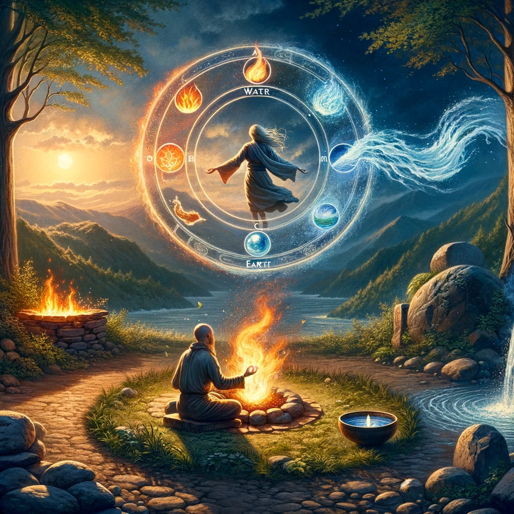 ·E 2023 12 06 06.12.50   An image depicting the practice of elemental magic. Visualize a person engaged in a ritual, connecting with one of the elements, such as summoning a g.png