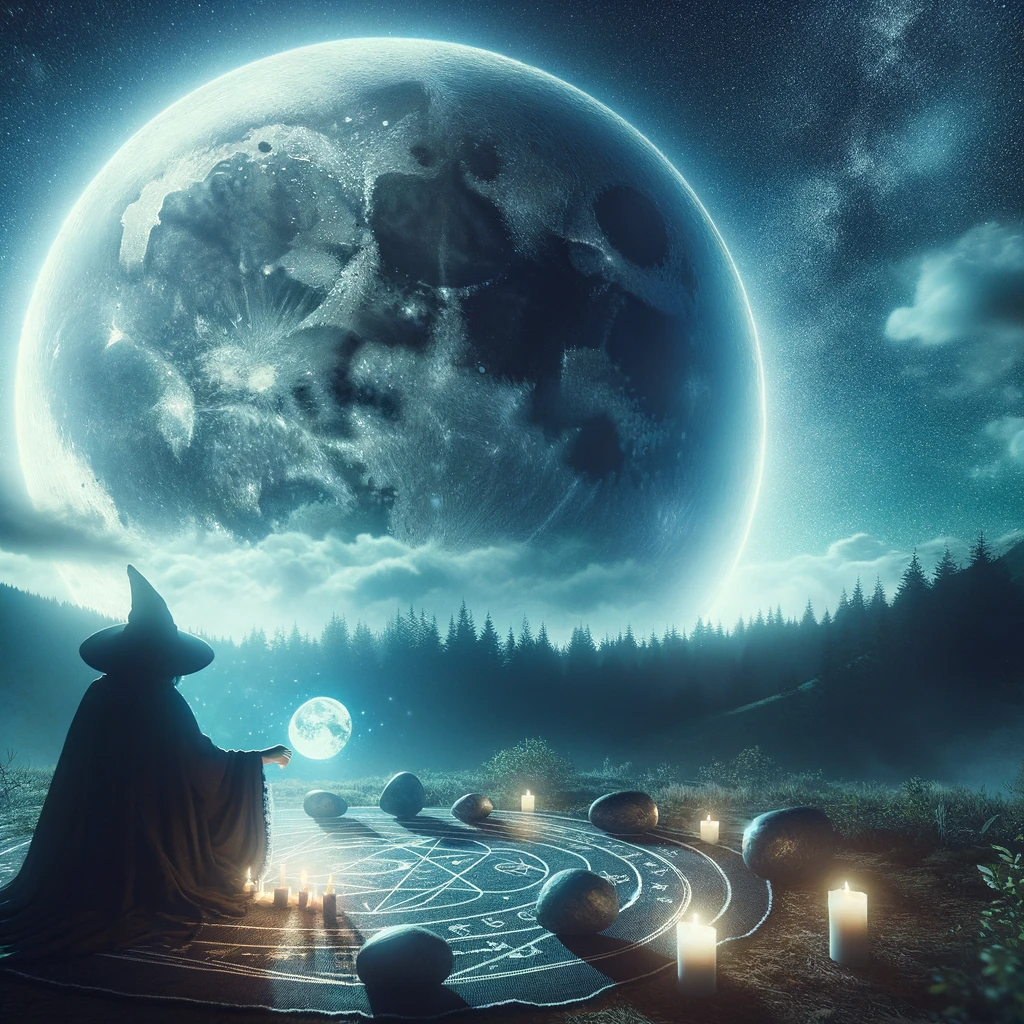 ·E 2023 12 06 06.12.52   An image visualizing moon phase magic, depicting a spellcaster performing a lunar ritual under a night sky. The scene should include a visible moon in.png