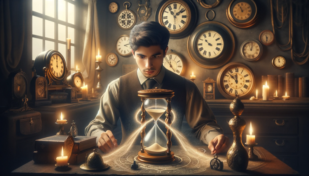 ·E 2023 12 06 06.22.06   An image illustrating the concept of chronokinesis in magik. The scene depicts a young Hispanic man in a dimly lit room, surrounded by clocks of vario.png