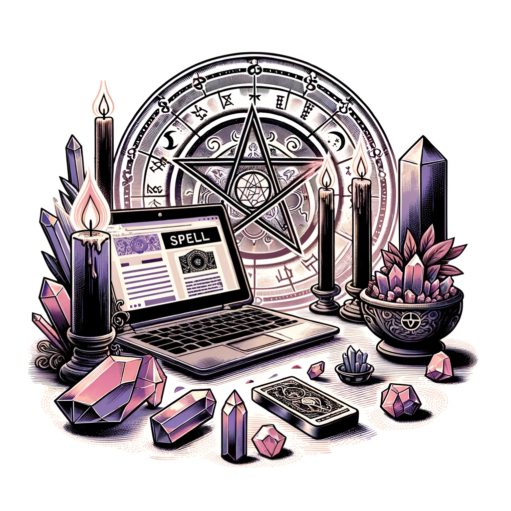 ·E 2023 12 07 05.25.54   An illustration of a modern day witch's altar, showcasing a blend of ancient and contemporary elements. The altar should include crystals, a pentacle,.png