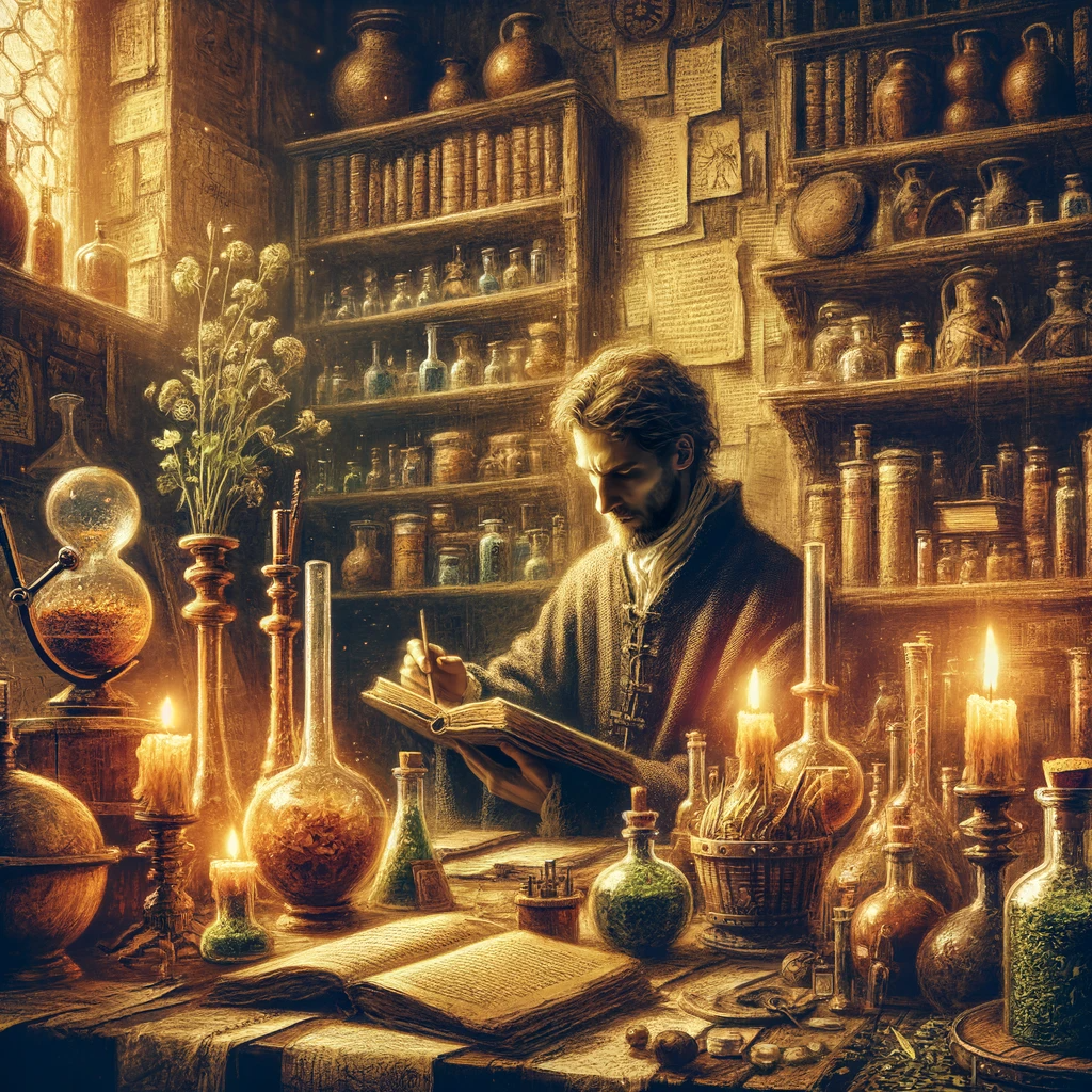 ·E 2023 12 07 05.25.57   An artistic depiction of a medieval alchemist's lab with various alchemical tools like alembics, flasks, and herbs. The scene should show an alchemist.png