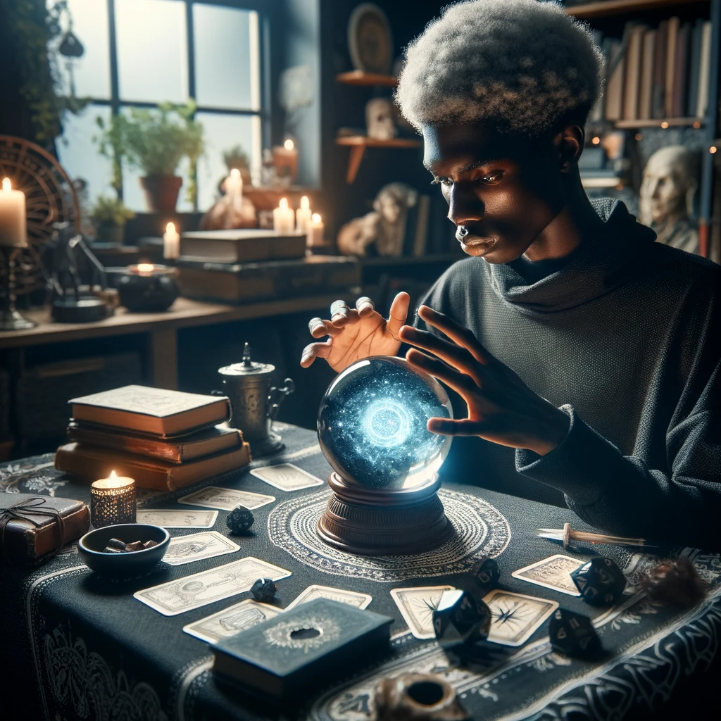 ·E 2023 12 07 05.39.55   An image for a blog article illustrating the concept of divination in spellwork. It features a person of Black descent, gender neutral, sitting at a t.png
