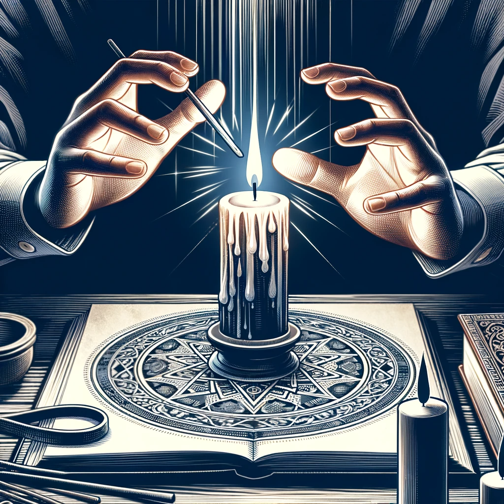 ·E 2023 12 09 06.33.06   A depiction of a person casting a spell, with a focus on their hands as they light a candle on an altar, symbolizing the actual process of spellcastin.png