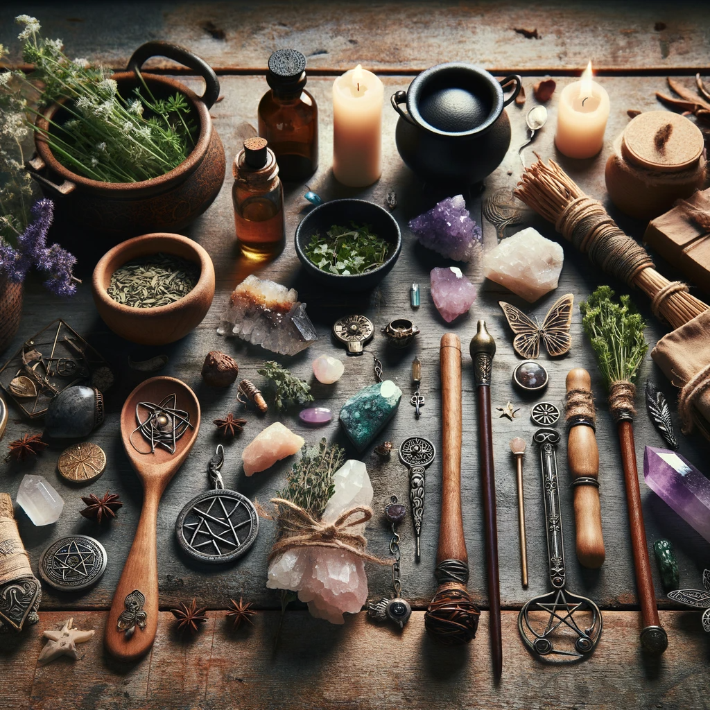 ·E 2023 12 09 06.33.13   An image showing a collection of spellwork tools on a rustic table. Items include herbs, crystals, candles, a wand, and a small cauldron, all laid out.png