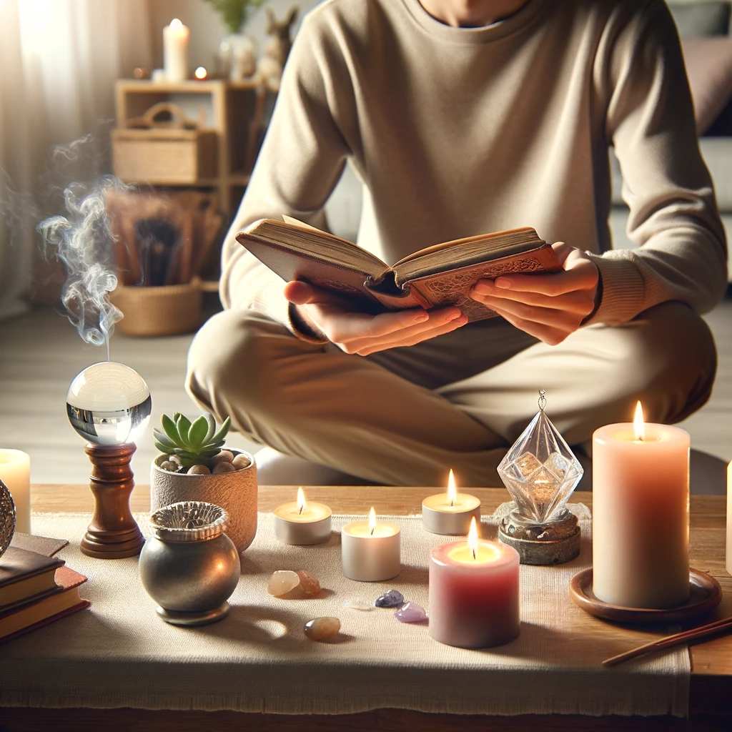 ·E 2023 12 09 06.33.15   A serene setting showing a person sitting at a small altar in their home, surrounded by candles, a crystal ball, and incense. The person is calmly foc.png