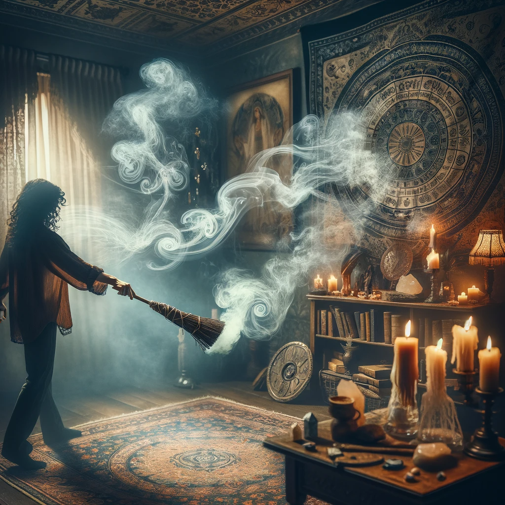 ·E 2023 12 09 06.44.26   An image depicting the process of cleansing a space for spellwork. The scene shows a person using a smudging stick to purify a room. The person is mov.png